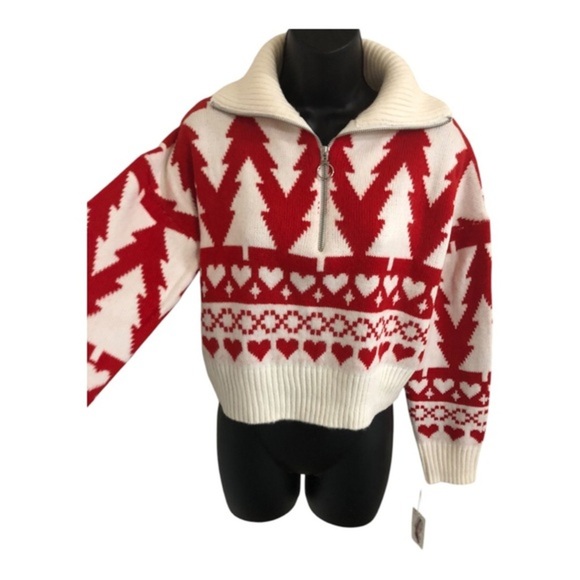 Jessica‎ Simpson red white pine hearts zip front pullover sweater size Small - Picture 4 of 17